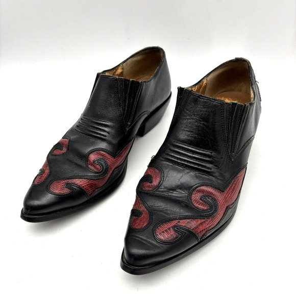 Vintage 80s Nine West Black Leather Reptile Inlay Point Toe Ankle Booties 7.5M - Picture 4 of 16